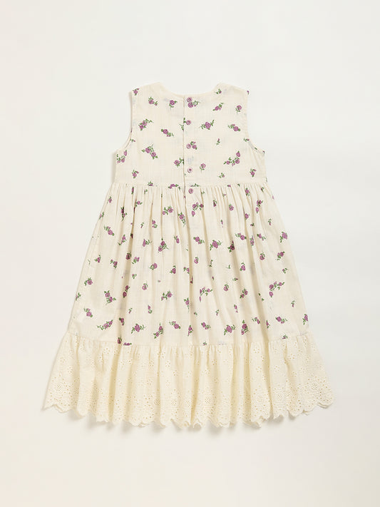 Utsa Kids White Floral Design Cotton Dress (8 -14yrs)