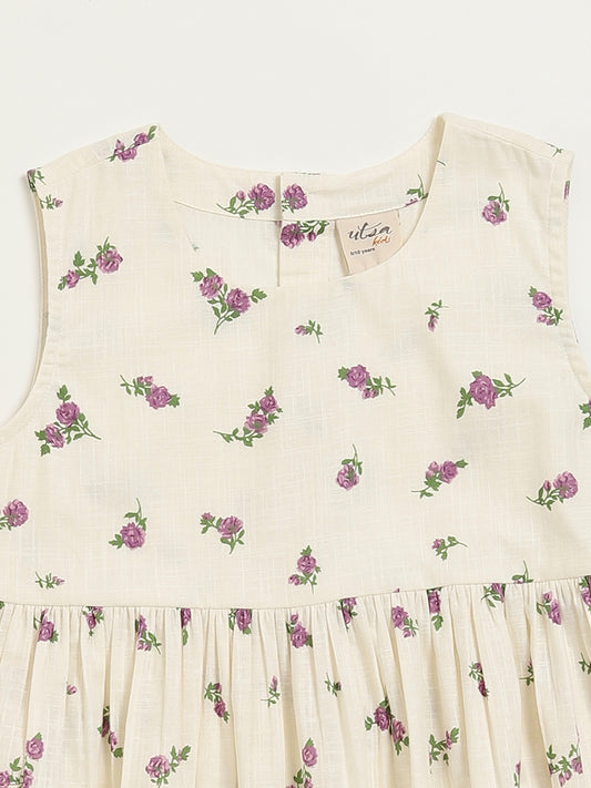 Utsa Kids White Floral Design Cotton Dress (8 -14yrs)