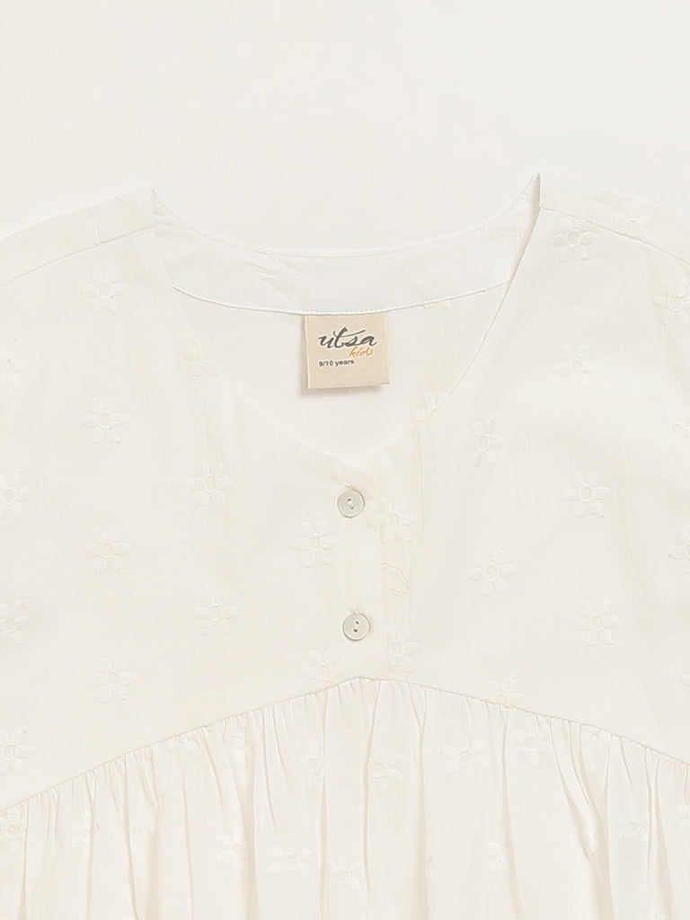 Utsa Kids White Schiffli Flared Cotton Top - (8 -14yrs)