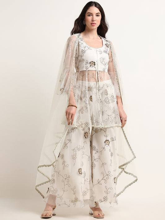 Vark White Embroidered Kurti With Front Slit Set
