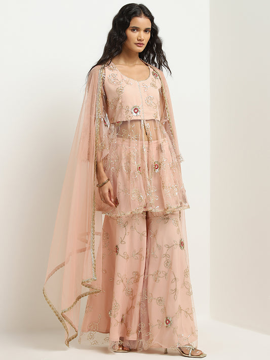 Vark Peach Floral Embroidered Kurti With Front Slit Set
