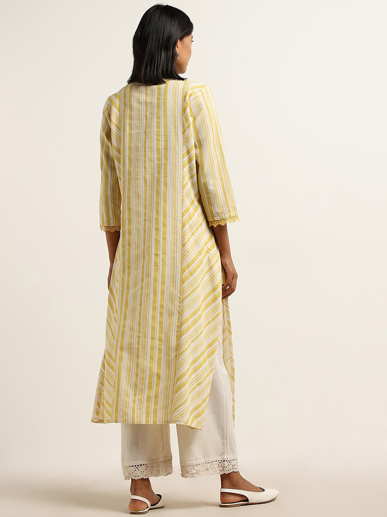Utsa Yellow Stripe Printed Cotton Blend A-Line Kurta