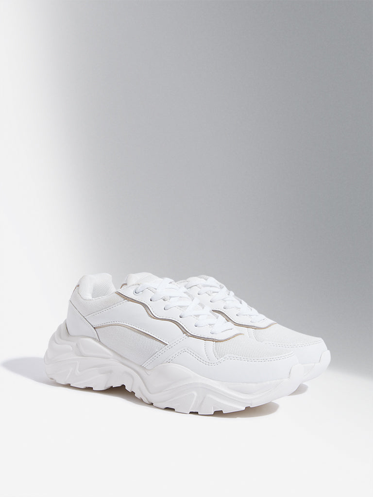 Westside LUNA BLU Women's  Gold & White Lace-Up Chunky Sneakers for Casual Wear Front View