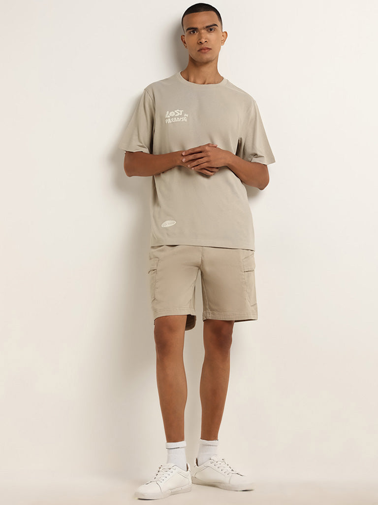 Nuon Beige Cotton Blend Relaxed Fit Cargo-Style Shorts
