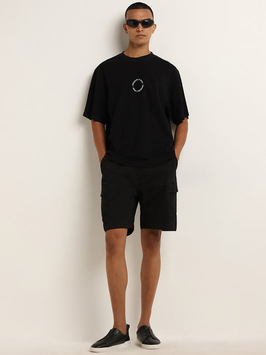 Nuon Black Cotton Blend Relaxed Fit Cargo-Style Shorts