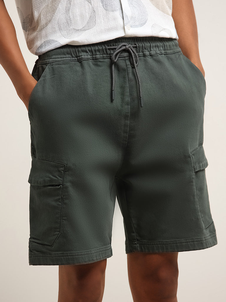 Nuon Olive Cotton Blend Relaxed Fit Cargo-Style Shorts