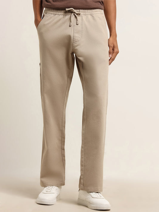Nuon Beige Relaxed Fit Solid Mid Rise Pants
