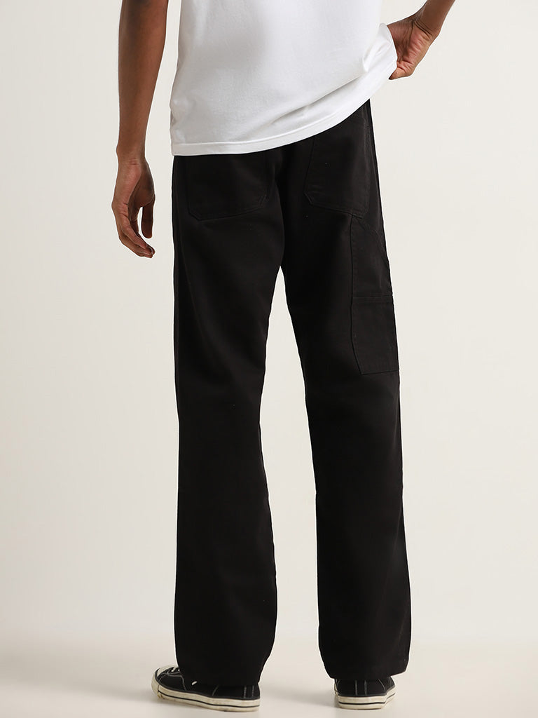 Nuon Black Cotton Relaxed Fit Mid Rise Pants