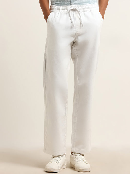 Nuon White Relaxed Fit Solid Mid Rise Pants