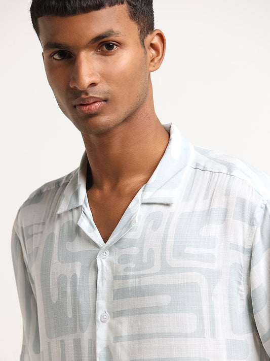 Nuon Light Grey Relaxed Fit Printed Cotton Shirt