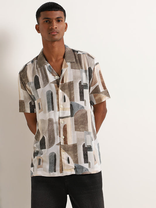 Nuon Beige Relaxed-Fit Printed Shirt