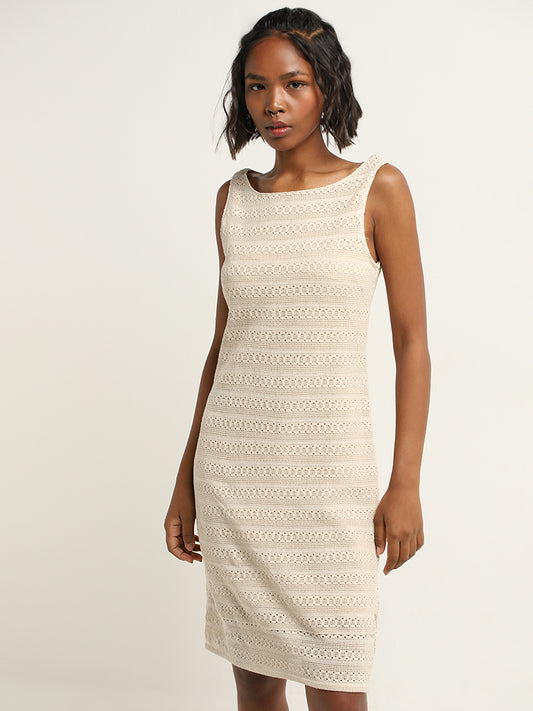 Bombay Paisley Beige Knit-Textured Straight Dress