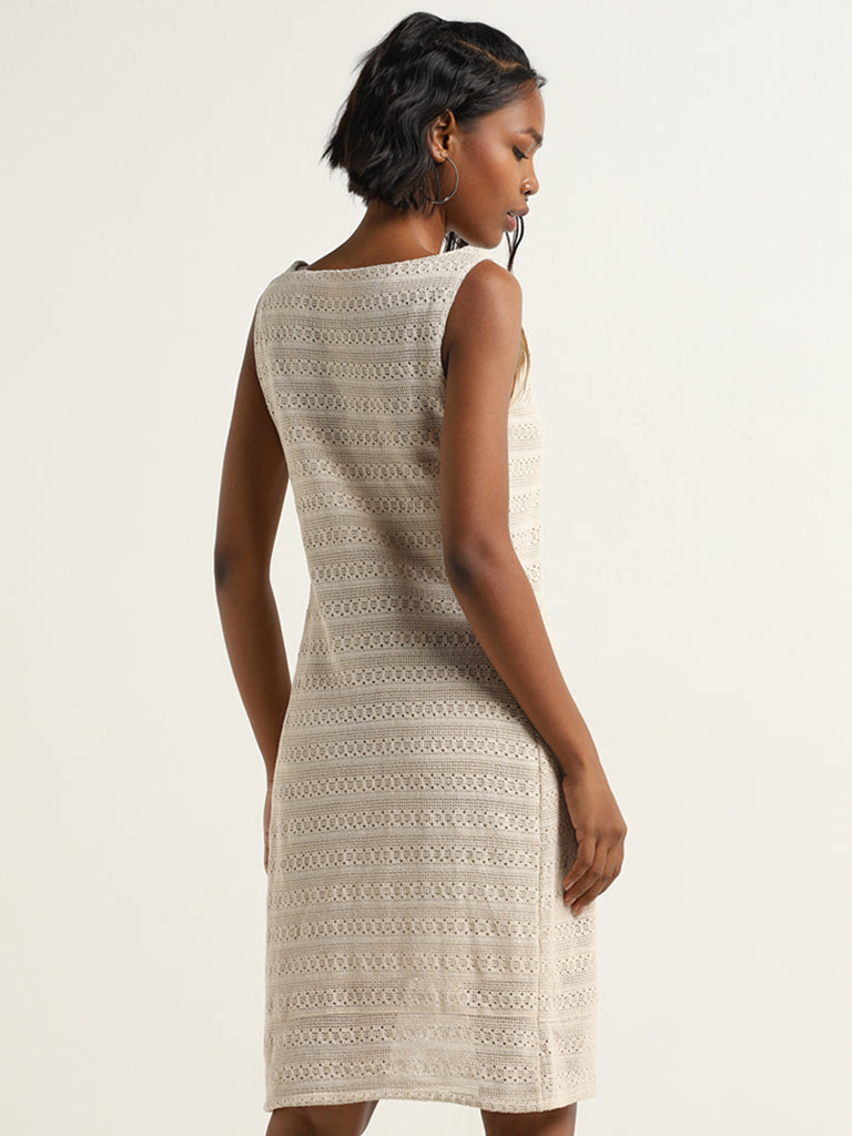 Bombay Paisley Beige Knit-Textured Straight Dress