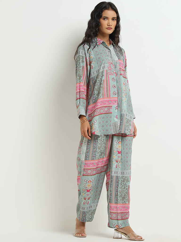 Vark Pink Botanical Printed Tunic and Pants Set