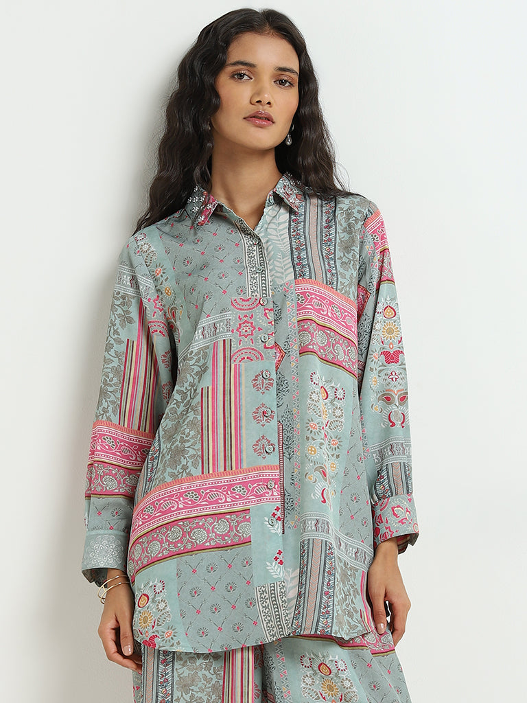 Vark Pink Botanical Printed Tunic and Pants Set