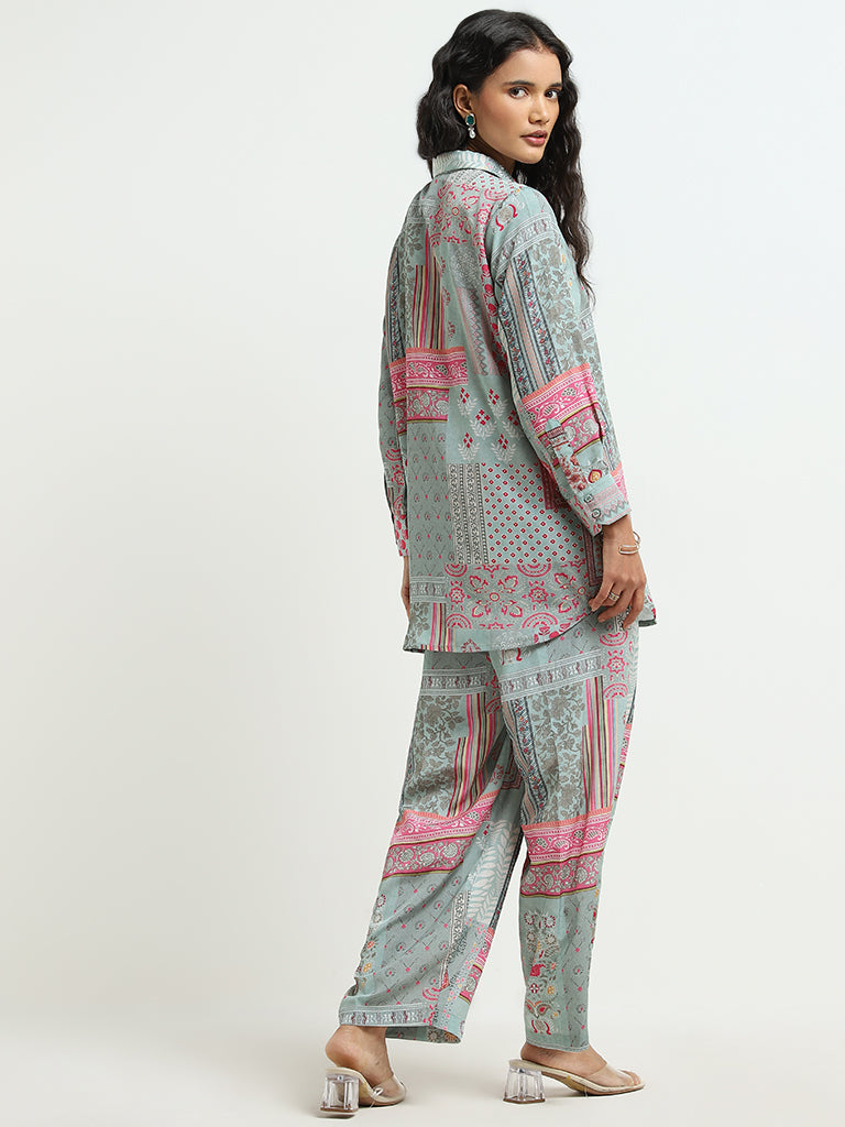 Vark Pink Botanical Printed Tunic and Pants Set