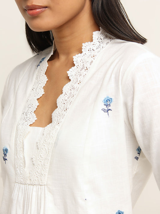 Utsa White Lace Detailed Cotton A-Line Kurta