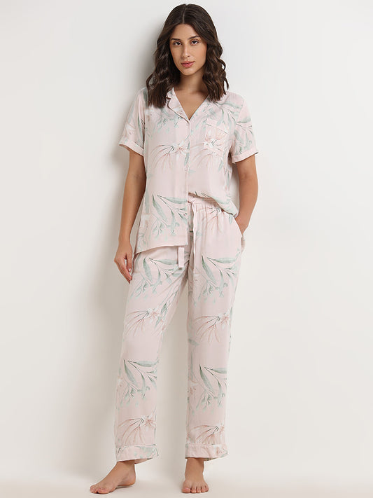 Wunderlove Pink Floral Printed Shirt and Pyjamas Set