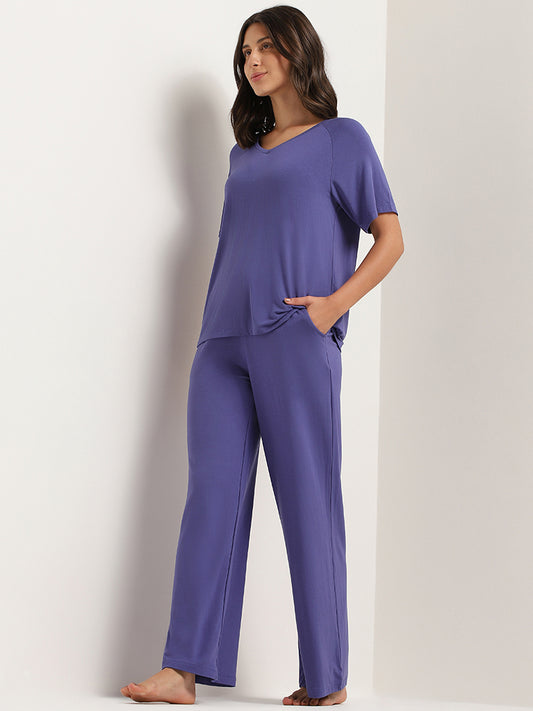 Wunderlove Solid Blue Mid-Rise Supersoft Pyjamas