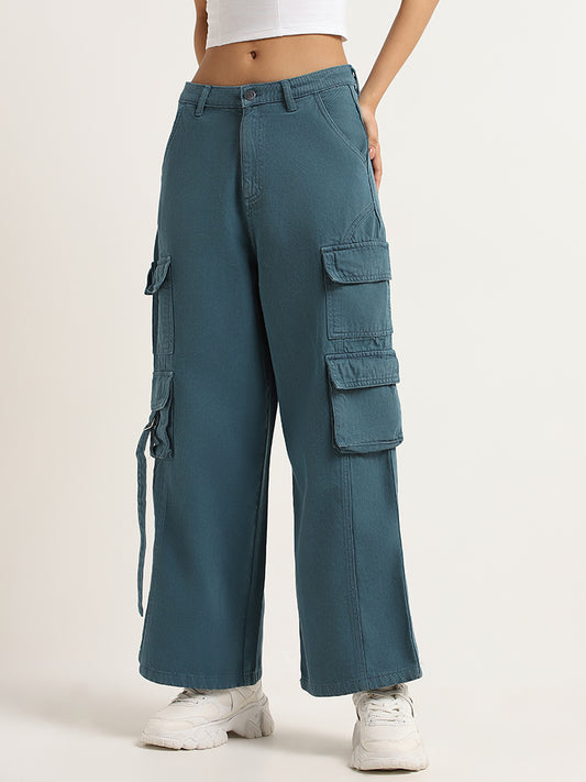 Nuon Teal Cargo High Rise Wide Leg Fit Jeans