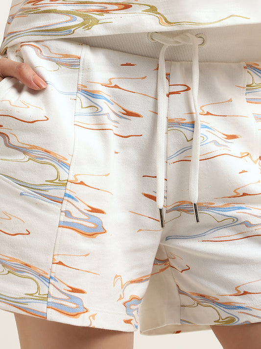 Studiofit White Abstract Printed Cotton Shorts