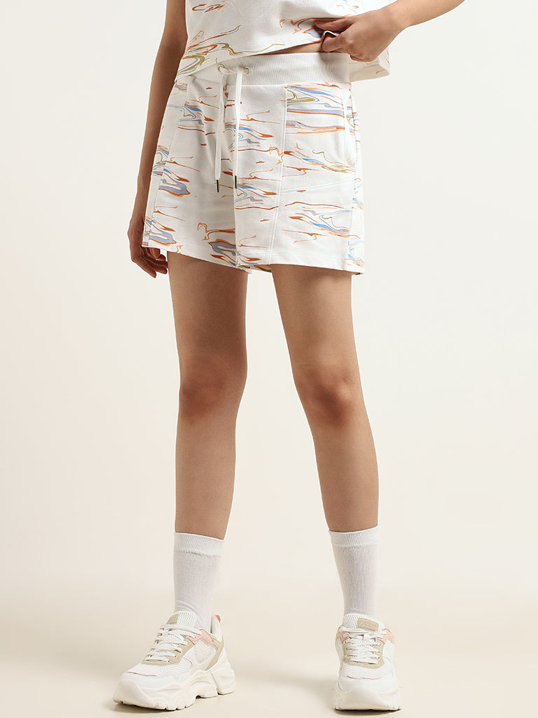 Studiofit White Abstract Printed Shorts