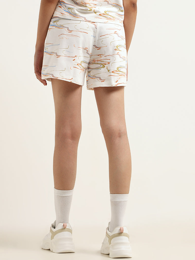 Studiofit White Abstract Printed Cotton Shorts