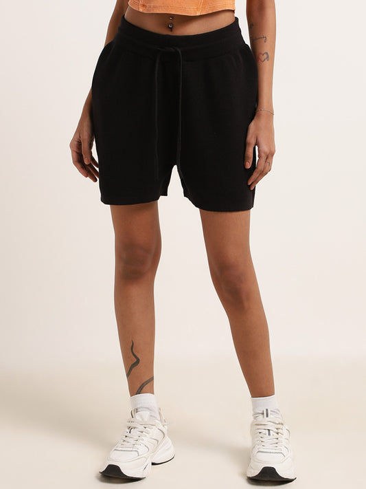 Studiofit Black Solid Athletic Cotton Shorts