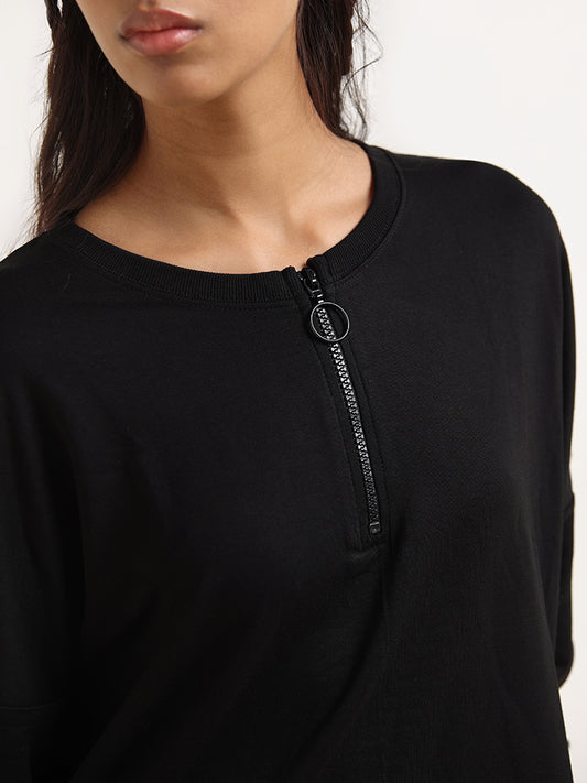 Studiofit Black Zipper Cotton T-Shirt