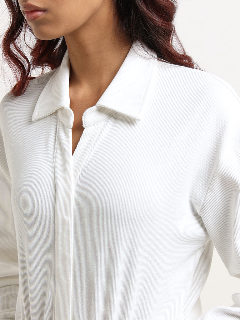 Studiofit White Cotton Blend Collared T-Shirt