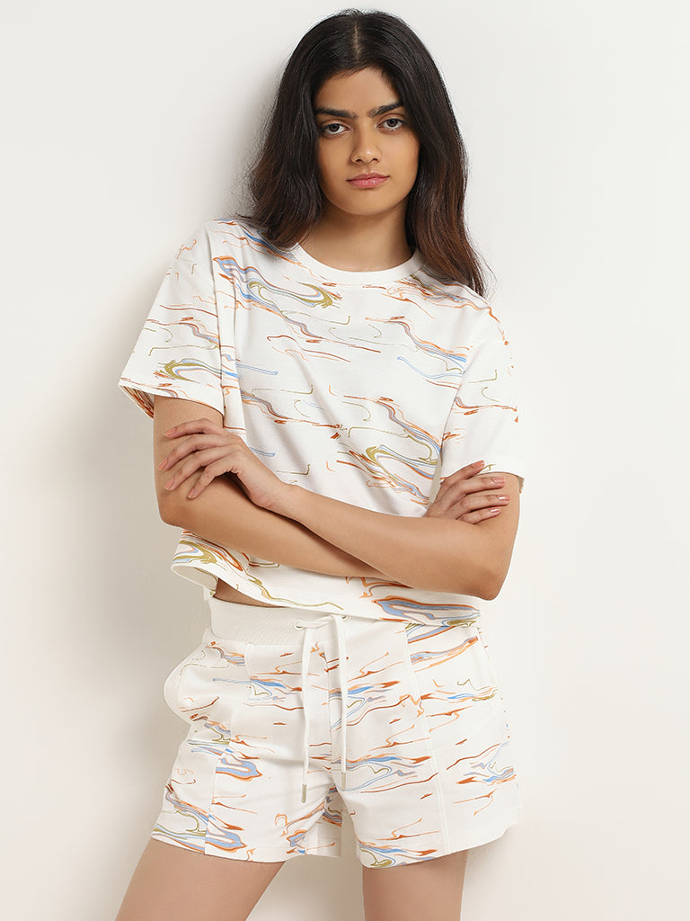 Studiofit White Abstract Printed T-Shirt