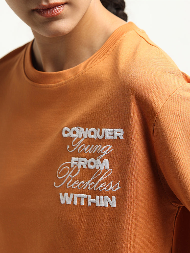 Studiofit Orange Slogan Print T-Shirt