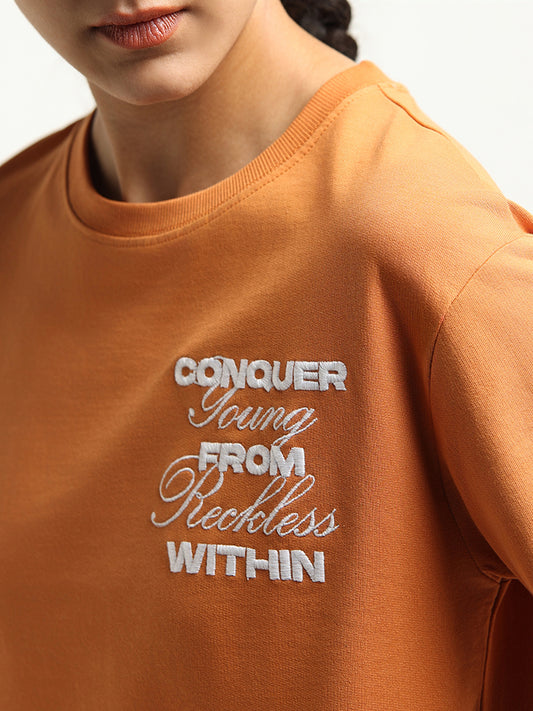 Studiofit Orange Slogan Print Cotton T-Shirt