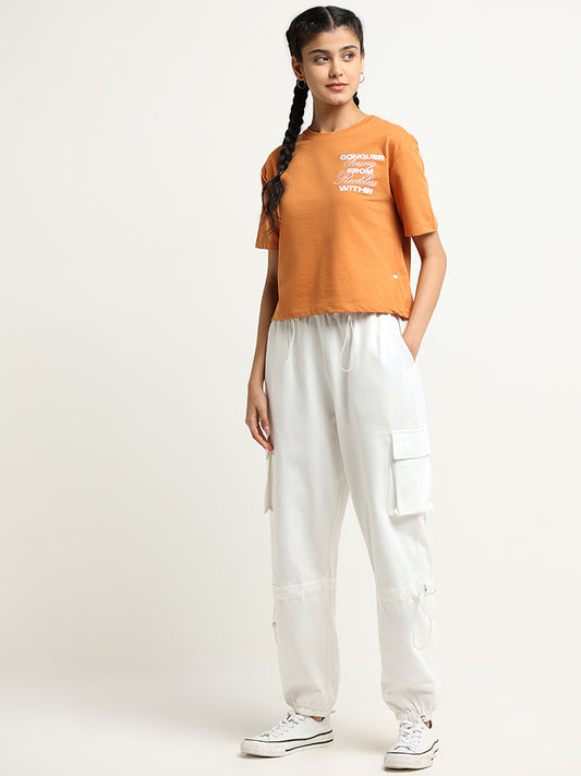 Studiofit Orange Slogan Print Cotton T-Shirt