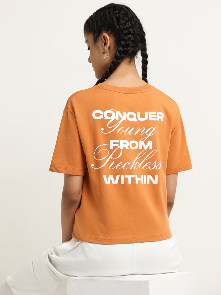 Studiofit Orange Slogan Print T-Shirt