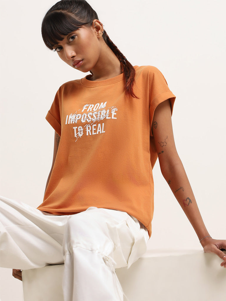 Studiofit Orange Typography Print T-Shirt