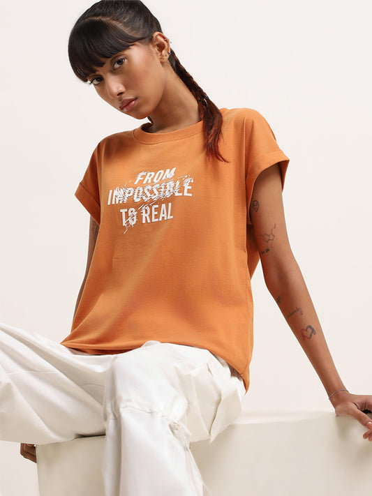 Studiofit Orange Typography Print Cotton T-Shirt