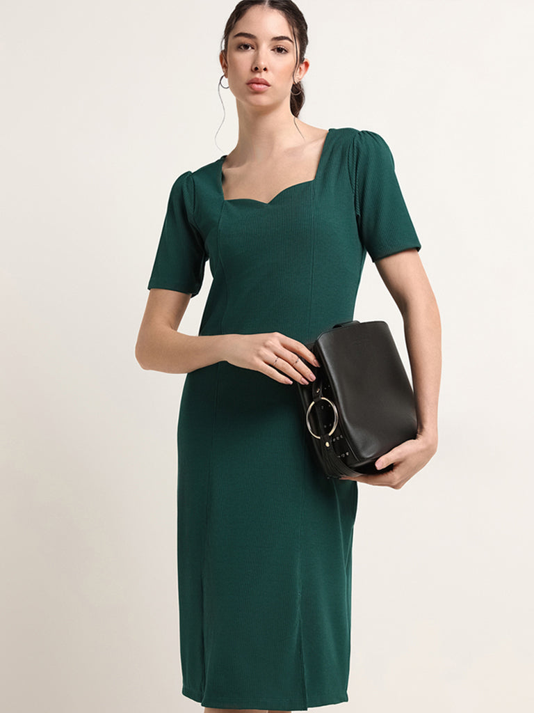 Buy Wardrobe Green Ribbed Straight Dress from Westside