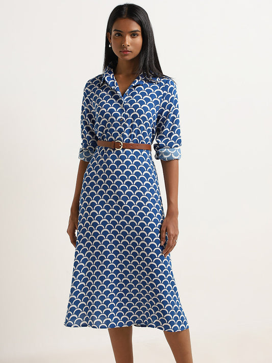 Wardrobe Indigo Geometric A-Line Dress with Brown Belt