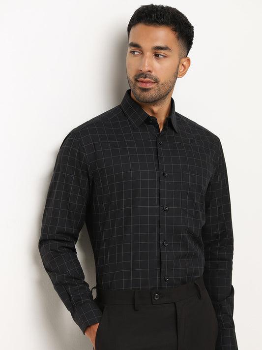 WES Formals Black Checkered Cotton Relaxed Fit Shirt