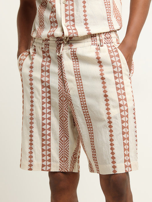 ETA Beige Printed Mid Rise Relaxed Fit Shorts