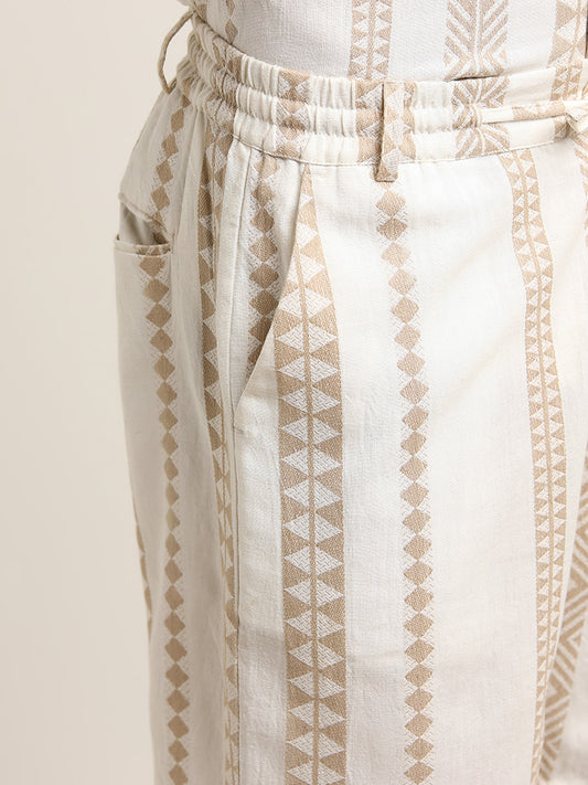 ETA Beige Geometric Printed Relaxed Fit Cotton Mid Rise Shorts
