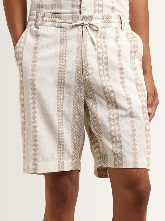 ETA Beige Geometric Printed Relaxed Fit Cotton Mid Rise Shorts