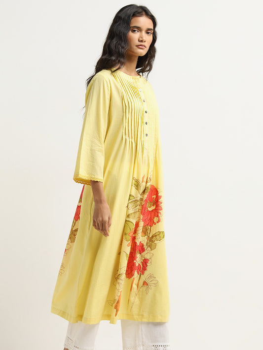 Utsa Yellow Floral Design Cotton A-Line Kurta