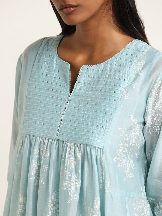 Zuba Blue Bandhani Floral Design Cotton Blend A-Line Kurta with Camisole