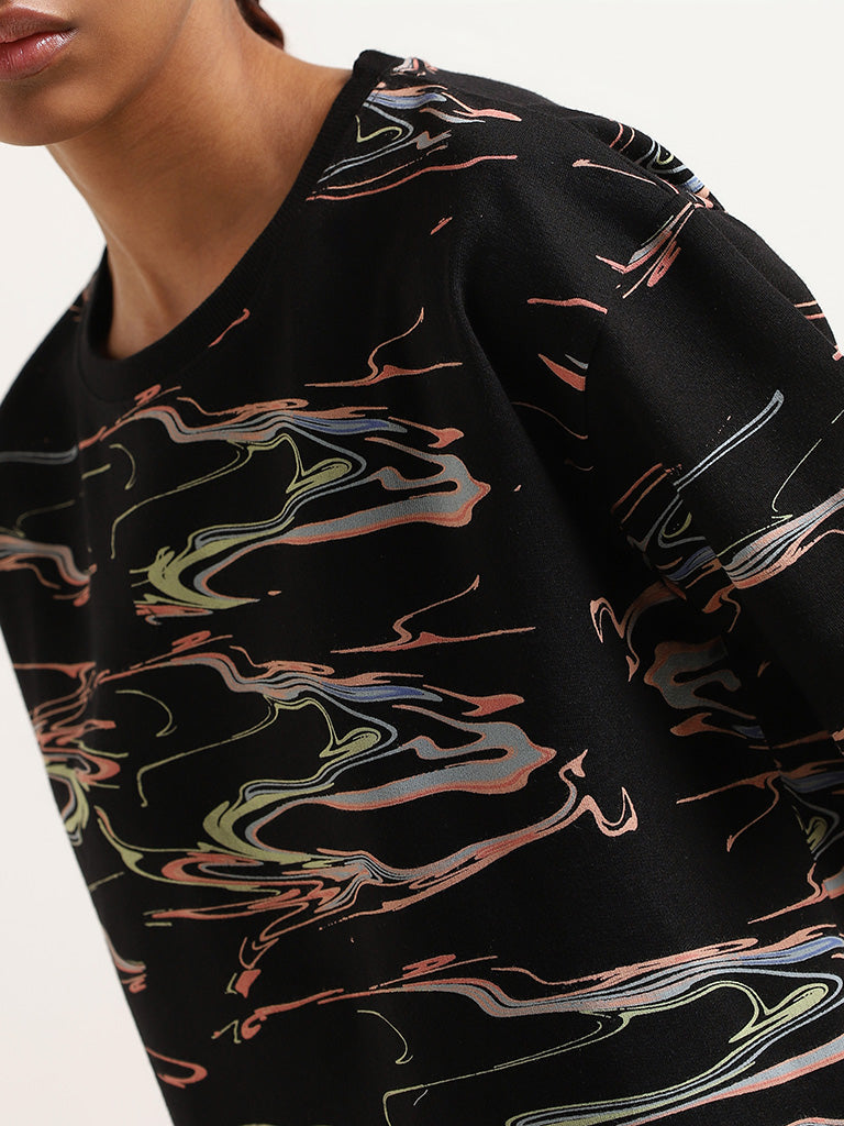 Studiofit Black Abstract Print Relaxed Fit T-Shirt