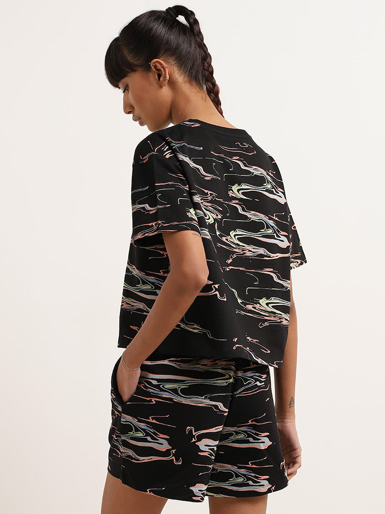 Studiofit Black Abstract Print Cotton Relaxed Fit T-Shirt