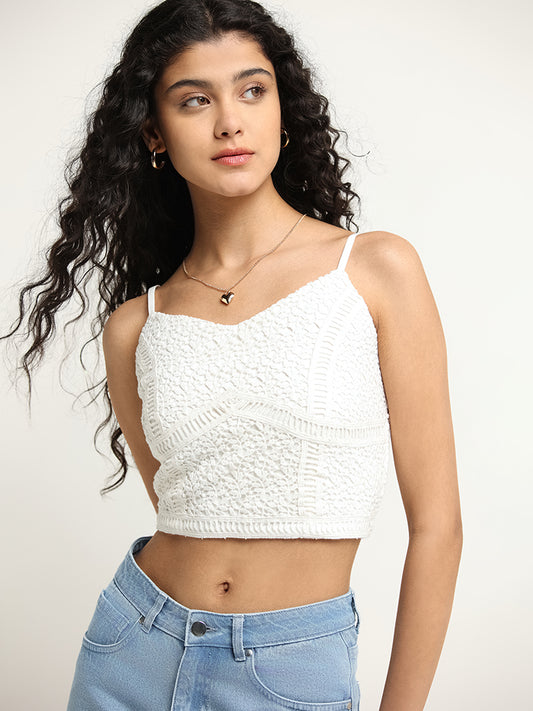 Nuon White Cotton Crochet Detail Crop Top