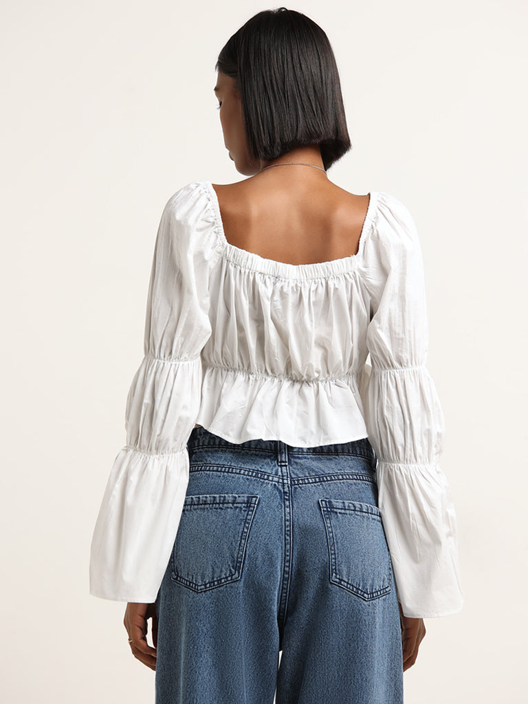 Nuon White Smocked Cotton Crop Top