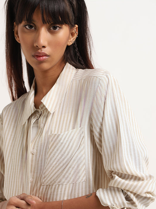 Nuon Beige Striped Cotton Relaxed Fit Shirt